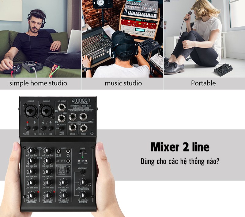 Mixer 2 kênh phù hợp dùng cho các nhân, phòng thu tại gia, làm podcast